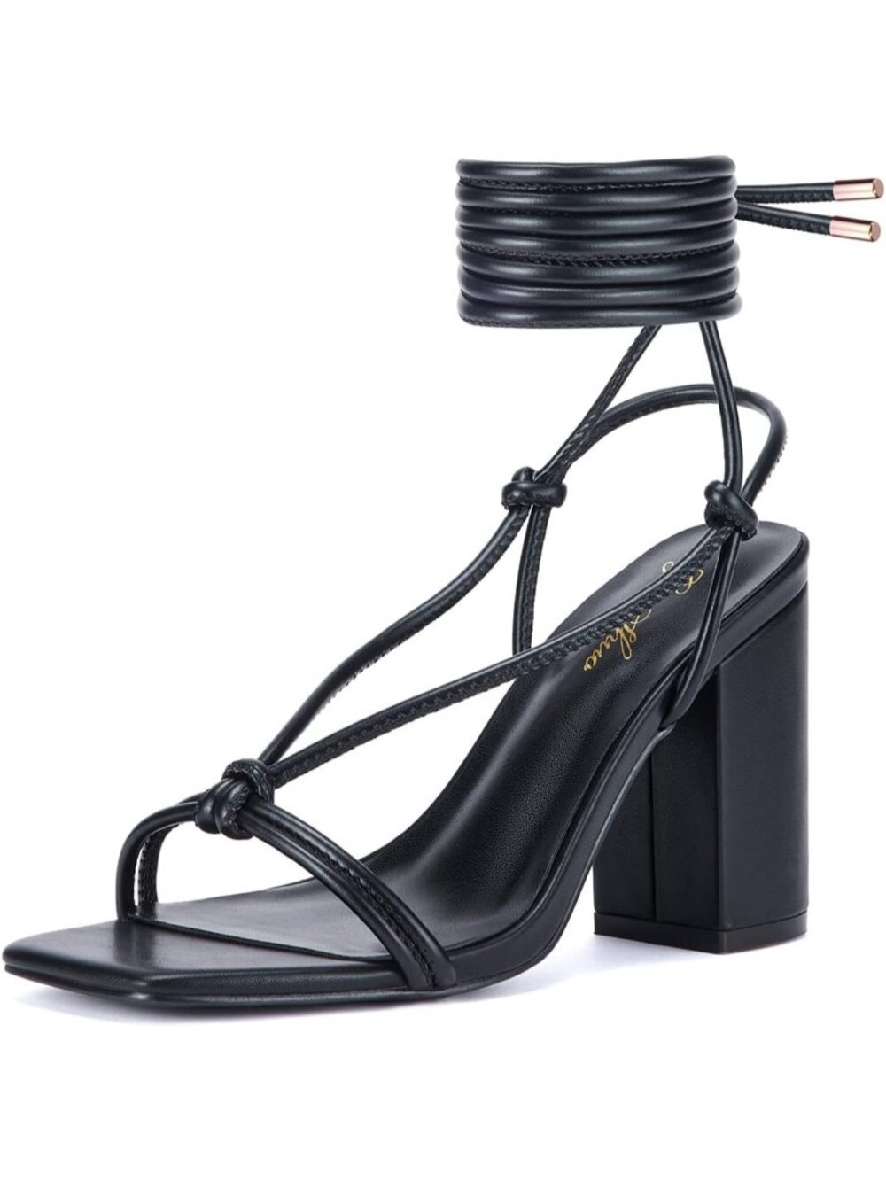Women's Square Toe Sandals Black Lace up Chunky High Heels Strappy Block Heel
